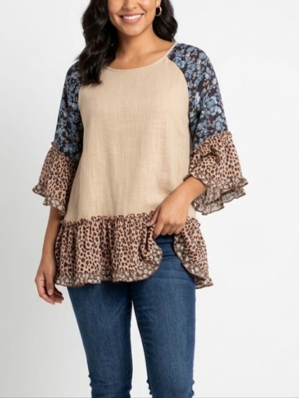 Umgee Blend Linen Beige Print Ruffle Boho, Bohemian Sz.M